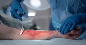 Close-up of burned skin showing severe burns and scar tissue from chemical burns, highlighting the importance of burn care and burn center treatment.