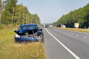 A blue car damaged on the side of a road represents a case where a car accident lawyer would review for a victim.