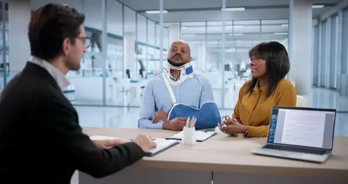 A personal injury lawyer speaking a injured man and woman about their case.